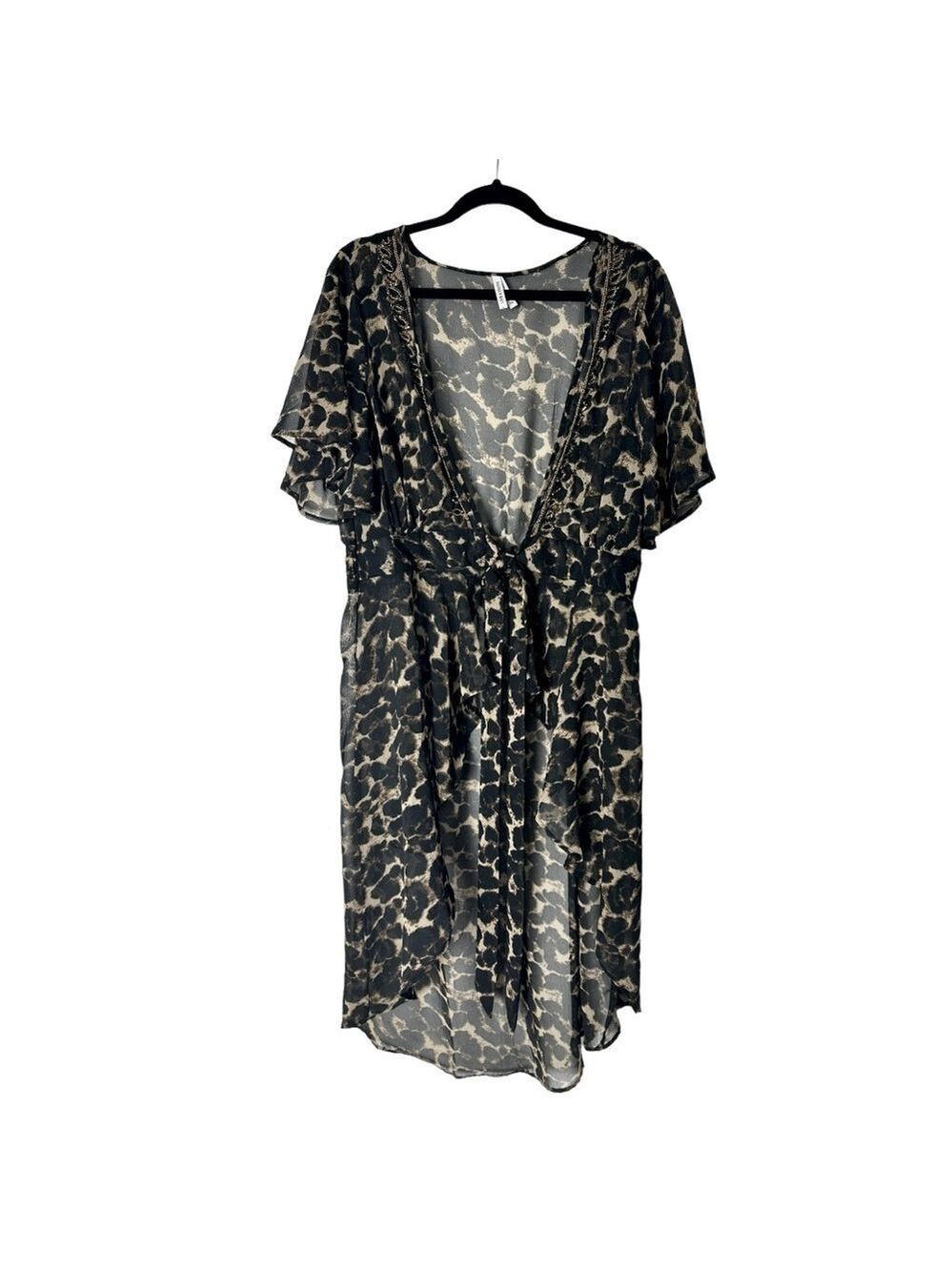 Live 4 Truth Sheer Animal Print Beaded Hi Low Duster Kimono Cover Up 1X Boho